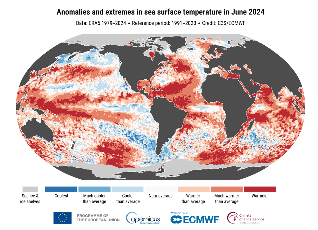 Temperatura dos oceanos em abril de 2024 — o alaranjado significa 