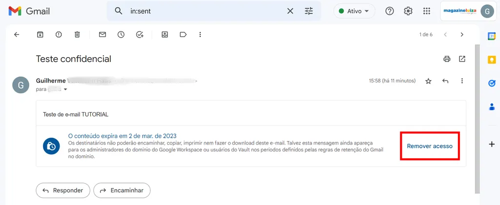 Remova o acesso ao e-mail confidencial a qualquer momento pela pasta de Enviados (Imagem: Captura de tela/Guilherme Haas/Canaltech)