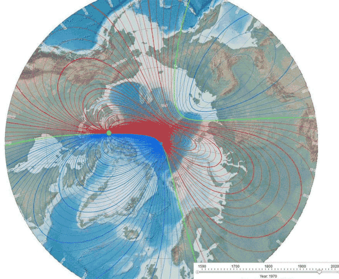 Animação mostra o movimento do polo norte magnético em u m intervalo de 10 em 10 anos, desde 1970 até o previsto para 2020. As linhas verdes, quando se unem, apontam para o norte magnético real (Imagem: NOAA National Center for Environmental Information)