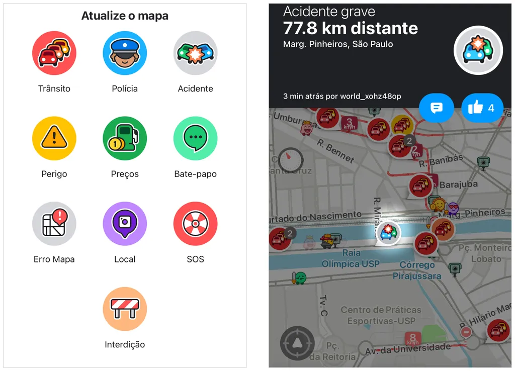 Cada alerta possui um diferente símbolo no Waze (Captura de tela: André Magalhães)