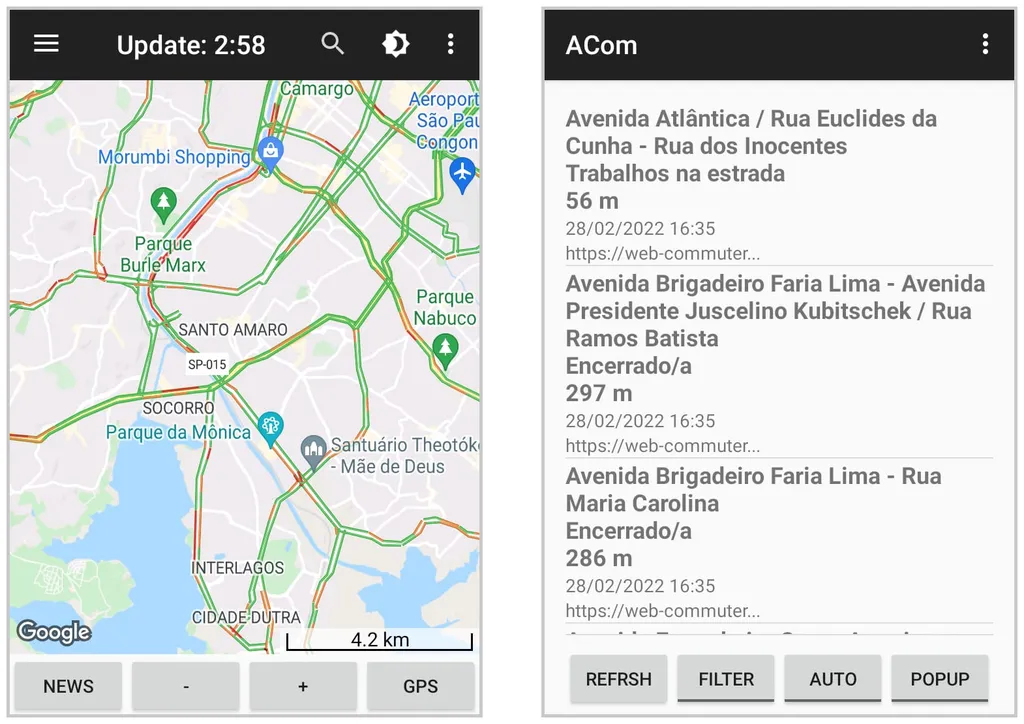 Veja alertas de obras e vias bloqueadas no app Alertas Trânsito (Captura de tela: Matheus Bigogno)