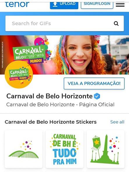 O Tenor, plataforma de GIFs do Google, também está com um visual novo por conta do carnaval (Captura de tela: Ariane Velasco)