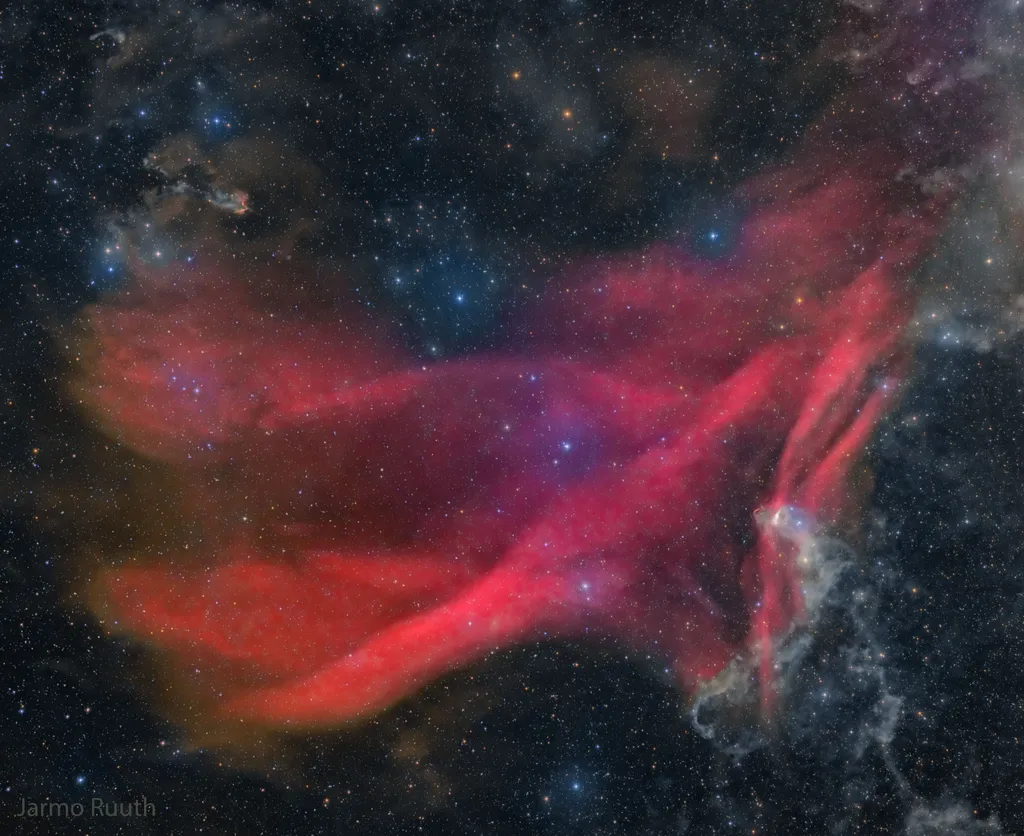 A nebulosa Sh2-126 é tão grande que é difícil observá-la com grandes telescópios (Imagem: Reprodução/Jarmo Ruuth, Telescope Live, Ata Sarajedini (Florida Atlantic U., Astronomy Minute podcast)