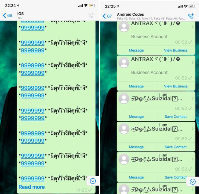 Quando enviados em grupos, mensagens para bloquear o WhatsApp de todos os destinatários (Imagem: Reprodução/WABetaInfo)