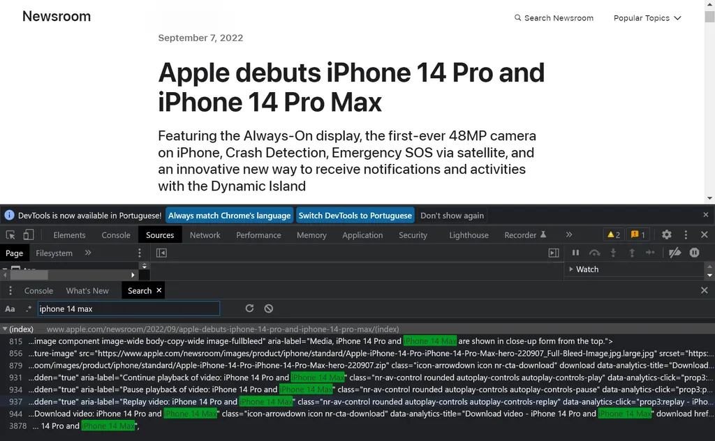 O código-fonte da página de notícias da Apple também conta com menções explícitas ao iPhone 14 Max (Imagem: Apple)