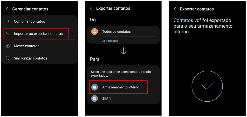 Exporte um arquivo com os contatos da agenda (Captura de tela: André Magalhães)
