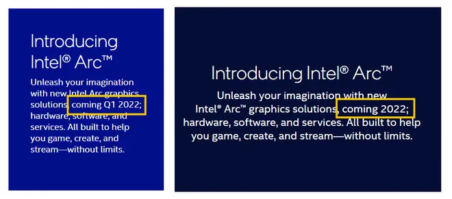 Mudanças no site oficial da linha Intel Arc reforçam o adiamento da estreia das placas (Imagem: Reprodução/VideoCardz)