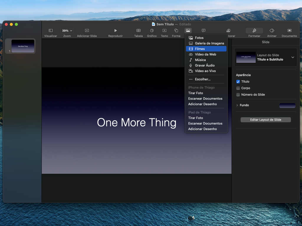 Vá em "Adicionar Filmes" no Keynote do Mac - Captura de tela: Thiago Furquim (Canaltech)