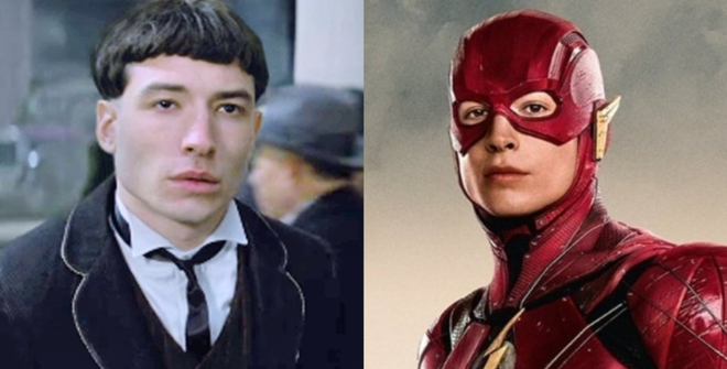 O ator Ezra Miller deve repetir o papel do Flash (dir.) nos cinemas, enquanto se divide também em sua atuação na franquia 