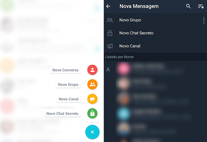 No Telegram X, à esquerda, há um atalho rápido para a criação de novas conversas; no Telegram, à direita, uma nova tela é exibida (Imagem: André Magalhães/Captura de tela)