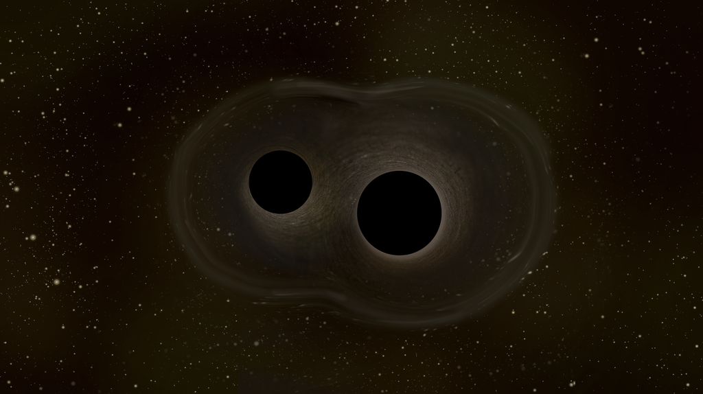 Arte imagina a aproximação de dois buracos negros em processo de colisão (Imagem: ESA)