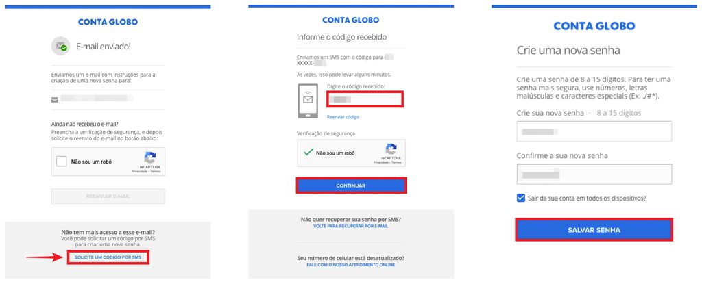 Também é possível alterar ou recuperar a senha do Globoplay usando um código SMS (Captura de tela: Caio Carvalho)