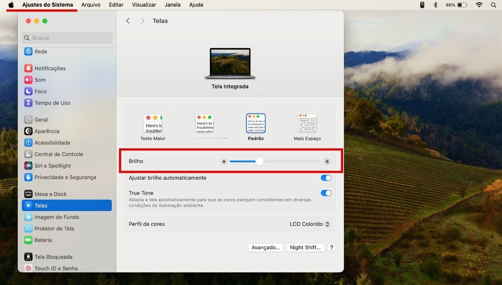 Em “Ajustes do Sistema” também é possível aumentar ou dimunuir o brilho da tela de um Mac (Imagem: Captura de tela/Guilherme Haas/Canaltech)