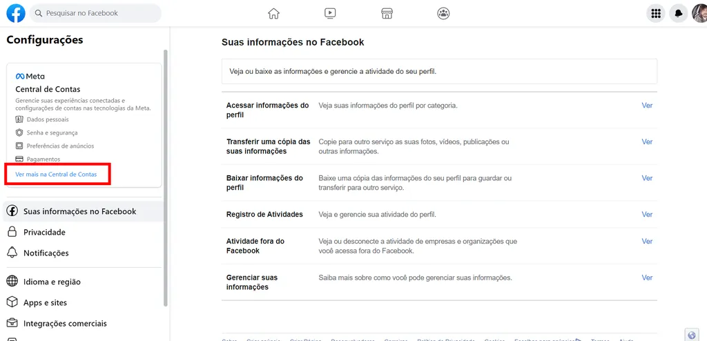 A Central de Contas do Facebook também permite gerenciar os perfis do Instagram (Imagem: Captura de tela/Fabrício Calixto/Canaltech)