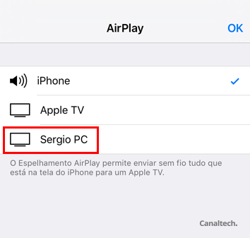Na lista de dispositivos com suporte ao AirPlay, selecione o que você acabou de instalar no Windows