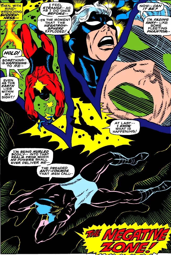 Quando estava fora da Terra, o Capitão Marvel era enviado para a Zona Negativa — e mandava Rick Jones para lá quando trocava de lugar (Imagem: Reprodução/Marvel Comics)