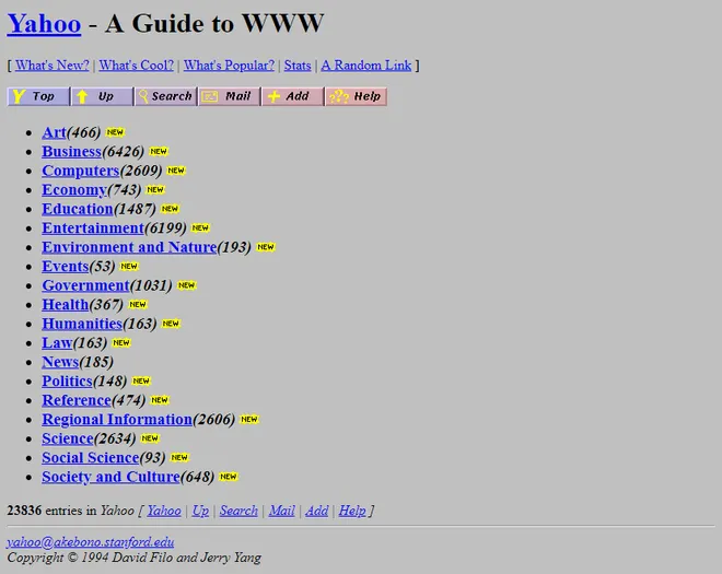 O primeiro site do Yahoo só tinha link sobre link e um fundo em cinza (Imagem: Reprodução/Web Design Museum)
