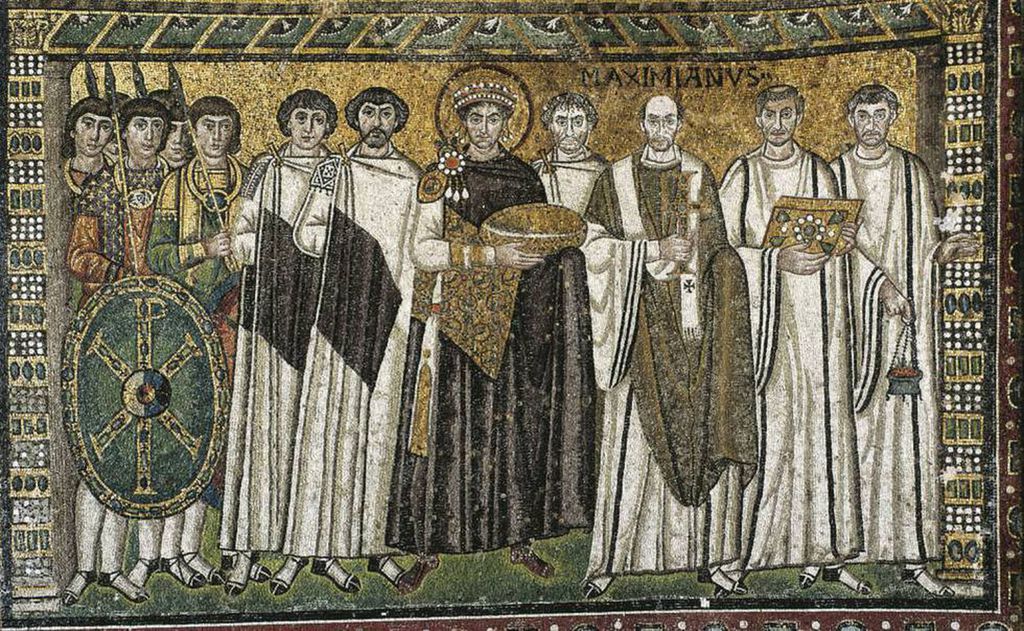O Imperador Justiniano, cercado por membros de sua corte, em mosaico da Basílica de San Vital, em Ravenna, Itália. (Imagem via Getty)