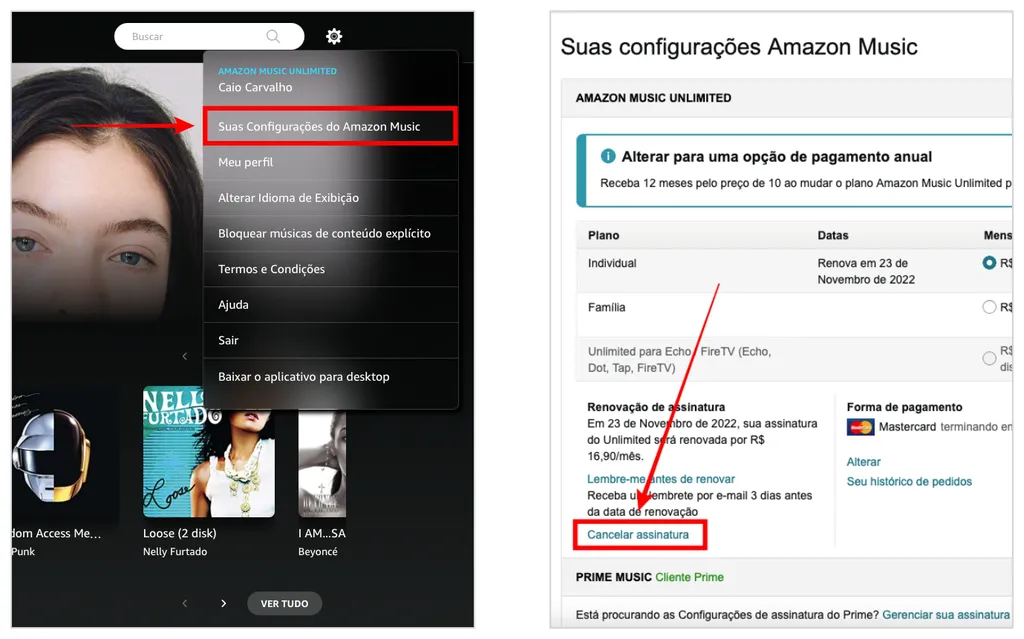 Cancelar Amazon Music: acesse o site do serviço para encerrar sua assinatura (Captura de tela: Caio Carvalho)