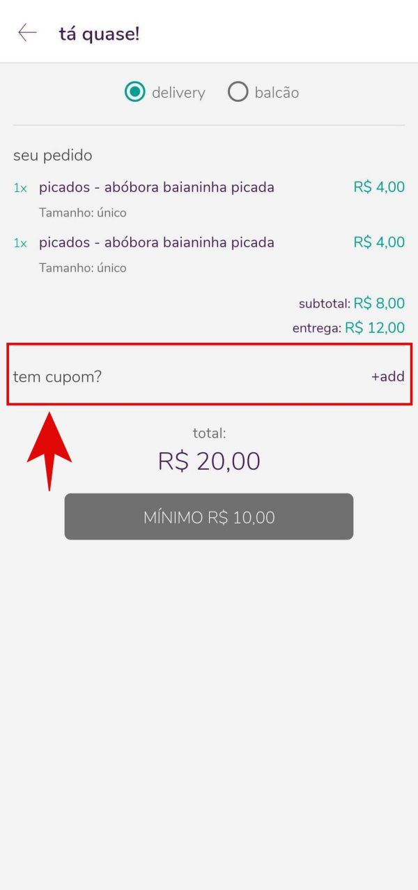 Para colocar cupom de desconto no Aiqfome, selecione o comando indicado (Imagem: Igor Almenara/Captura de tela)