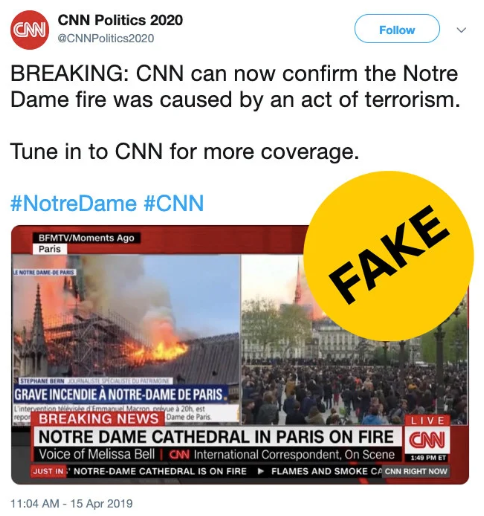 Conspirações e fake news foram publicadas nas redes sociais, mencionando o incêndio trágico da Catedral de Notre Dame (Imagem: Reprodução/Buzzfeed)