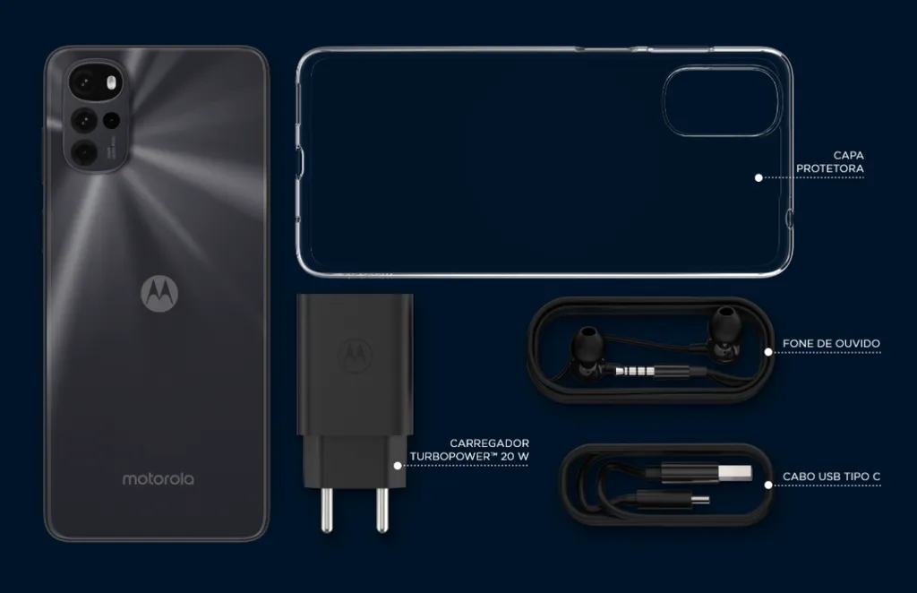 Caixa do Moto G22 acompanha carregador, fone, cabo USB e capa protetora (Imagem: Reprodução/Motorola)
