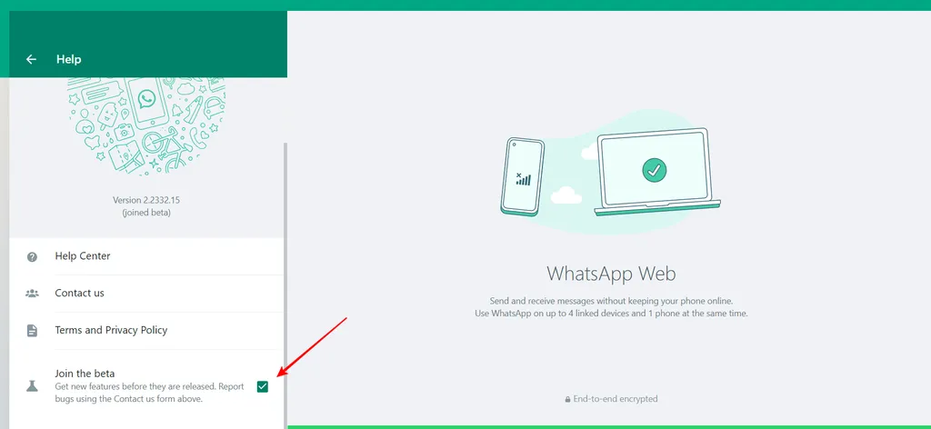 Para fazer parte do WhatsApp Beta Web, não é preciso aguardar fila de espera (Imagem: Captura de tela/Fabrício Calixto/Canaltech)