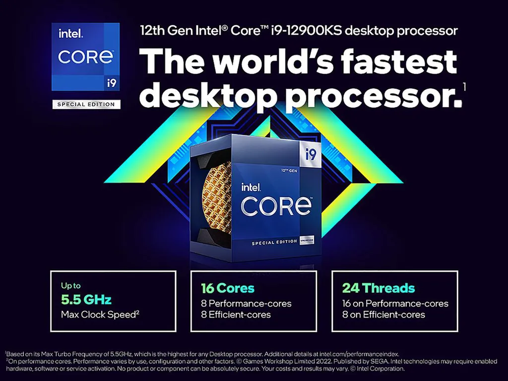 No material de divulgação, a Intel garante que o Core i9 12900KS é o "processador de desktop mais rápido do mundo", em virtude do clock boost de 5,5 GHz (Imagem: Reprodução/WCCFTech)