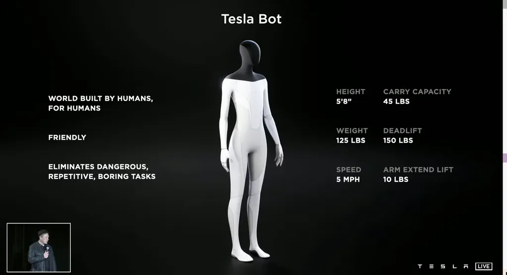 O robô de Elon Musk deve ter aparência humanoide e executar tarefas rotineiras da indústria (Imagem: Youtube/Tesla)