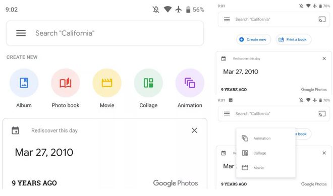 Foto da direita mostra a interface atual do Google Fotos. Na esquerda, o layout com as novas funcionalidades. Imagem: Reprodução / 9TO5Google