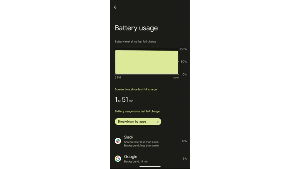 O gráfico de uso da bateria vai ser exibido com destaque junto com o "tempo de tela desde a última carga" (Imagem: Reprodução/9to5Google)