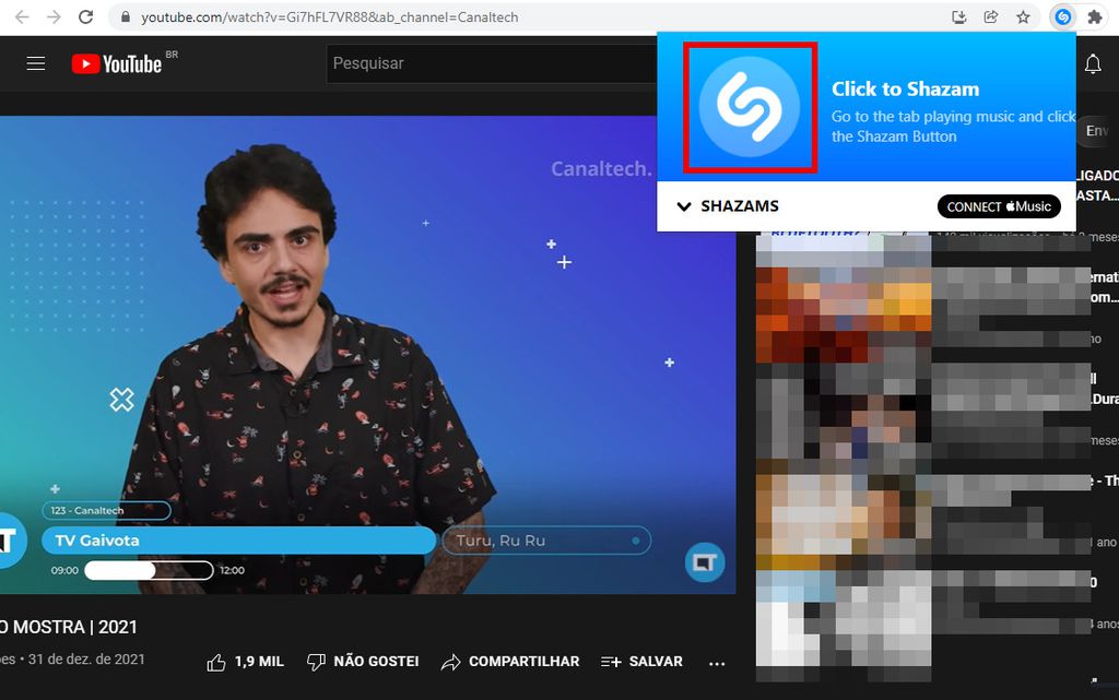 Clique no ícone do "Shazam" para conhecer a música que está tocando no navegador (Captura de tela: Matheus Bigogno)
