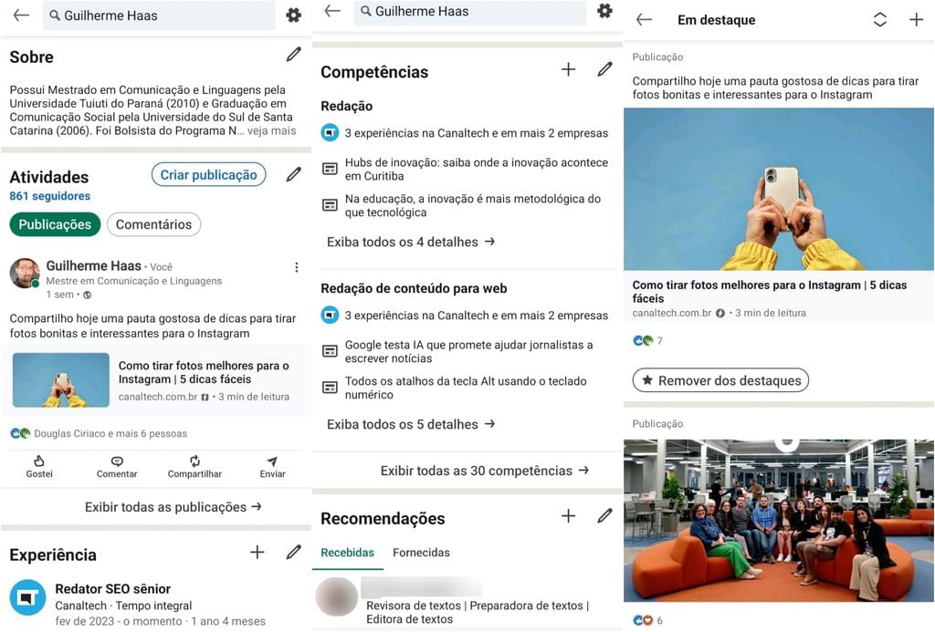 Preencha as informações do seu perfil no LinkedIn com atividades, competências, recomendações e destaques da sua carreira (Imagem: Captura de tela/Guilherme Haas/Canaltech)