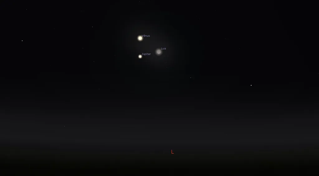 Vênus, Júpiter e a Lua em conjunção às 5h00 da manhã do dia 27 de abril (Imagem: Reprodução/Stellarium)