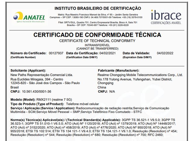 Certificado do Realme 7 5G (Imagem: Reprodução/Anatel)