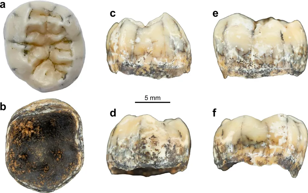 Dente da provável menina denisovana, encontrado na Caverna Cobra, no Laos (Imagem: Demeter, F. et al./Nature Communications)