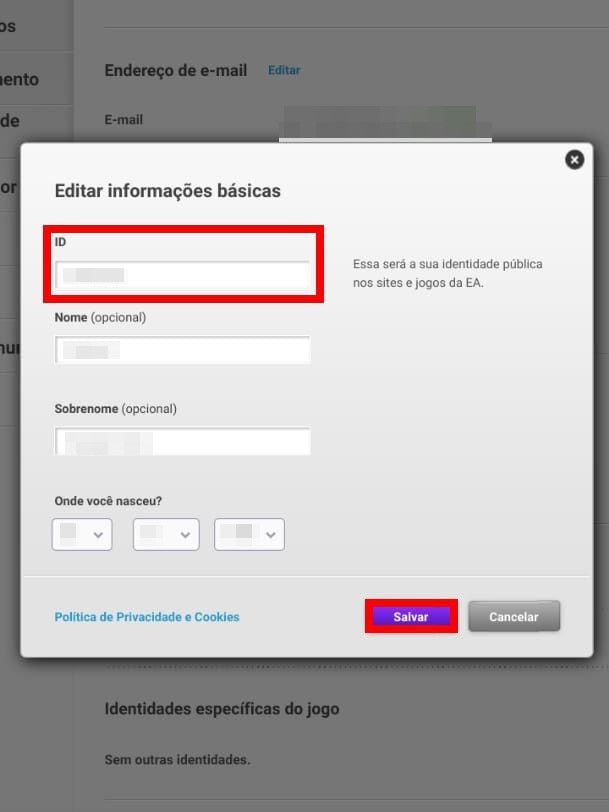 Altere a sua EA ID e clique em "Salvar" (Captura de tela: Matheus Bigogno)