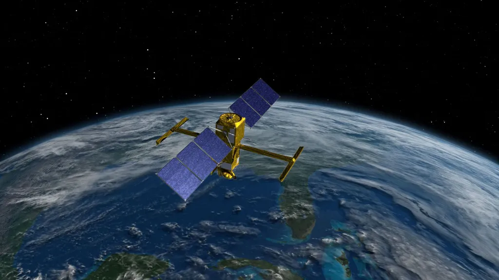 Imagem conceitual do satélite SWOT em órbita na Terra (Imagem: Reprodução/NASA via REUTERS)