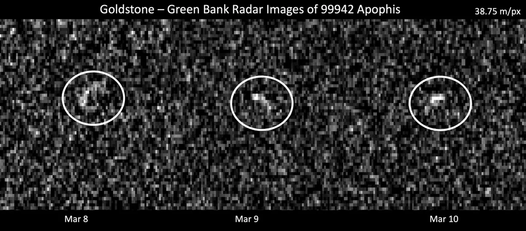 Imagens do asteroide Apophis, quando estava a aproximadamente 17 milhões de km da Terra (Imagem: Reprodução/NASA/JPL-Caltech and NSF/AUI/GBO)