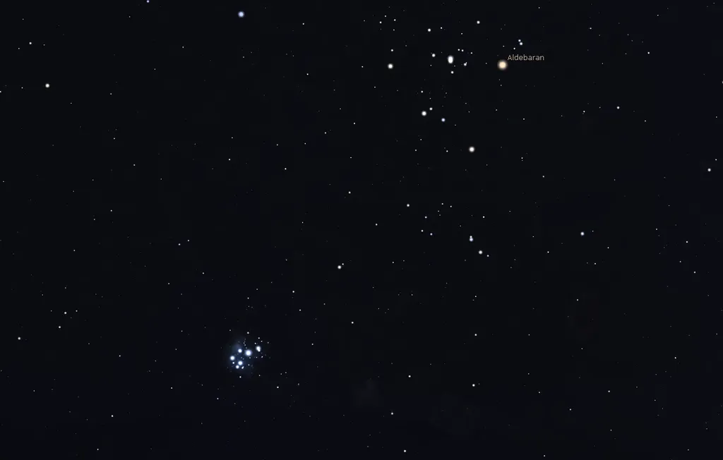 Entre setembro e janeiro, a região de Touro e Órion se destacam muito no céu, então é bem fácil identificá-las. Perto de Aldebaran, há um aglomerado de estrelas fácil de encontrar; elas são as belíssimas Plêiades (Imagem: Reprodução/Stellarium)