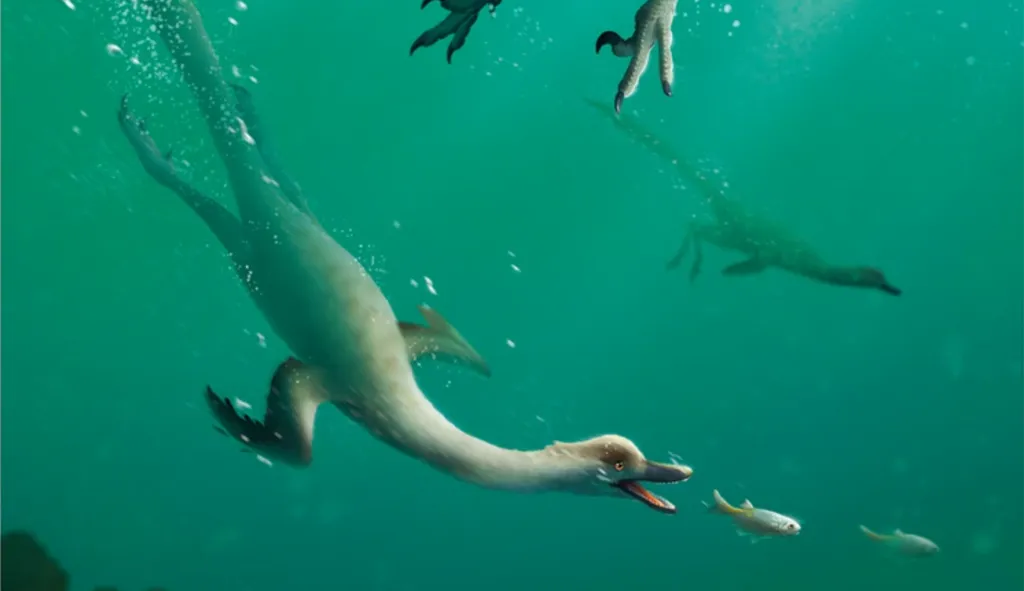 O raptor semiaquático Natovenator polydontus surpreendeu os cientistas ao provar que dinossauros não-avianos também podiam ser adaptados à vida na água (Imagem: Lee et al./Yusik Choi/Communications Biology)