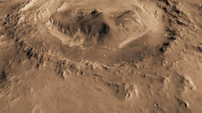 A cratera de Gale, onde alguns sinais da existência de um lago antigo foram encontrados pelo robô Curiosity (Imagem: NASA)