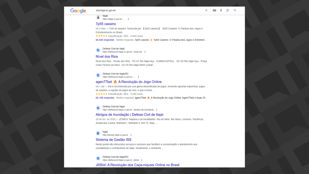 Captura de tela do Google mostrando páginas de bets no site do município de Itajaí (SC)