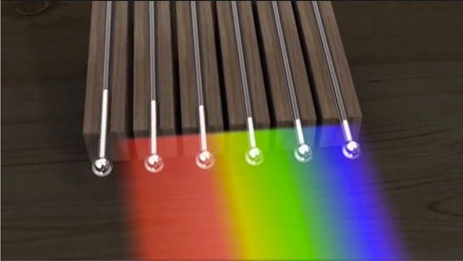 Reprodução do experimento com luz difratada e termômetros; a maior temperatura indica a presença do infravermelho (Imagem: Reprodução/Jet Propulsion Laboratory/National Aeronautics and Space Administration)