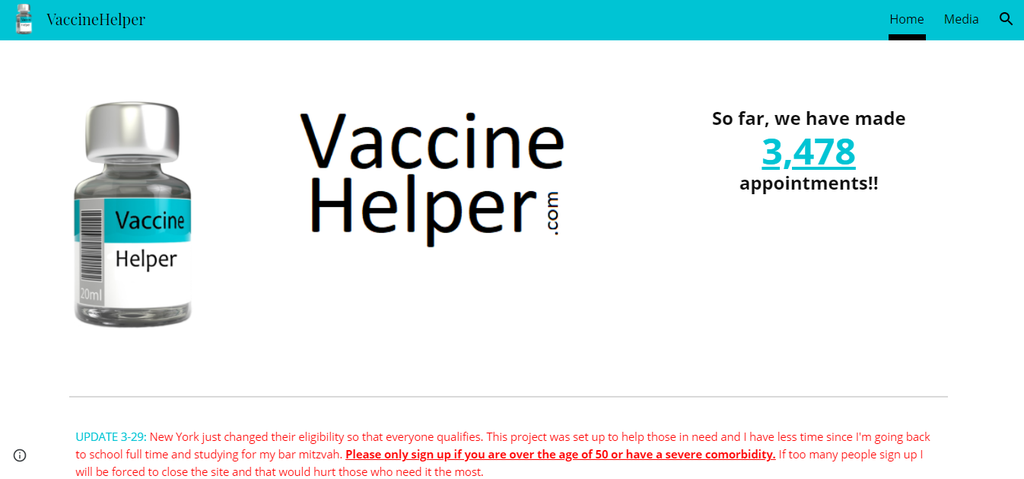 Homepage do site Vaccine Helper, criado por Samuel Keusch, de 12 anos, para ajudar idosos a agendar vacina contra COVID-19 (Imagem: Captura de tela/Nathan Vieira/Canaltech)