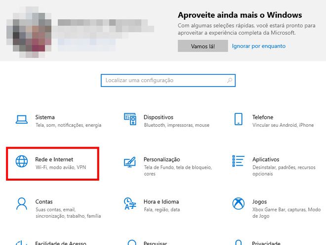 Acesse a aba de "Configurações" do Windows 10 e clique em "Rede e internet" (Captura de tela: Matheus Bigogno)