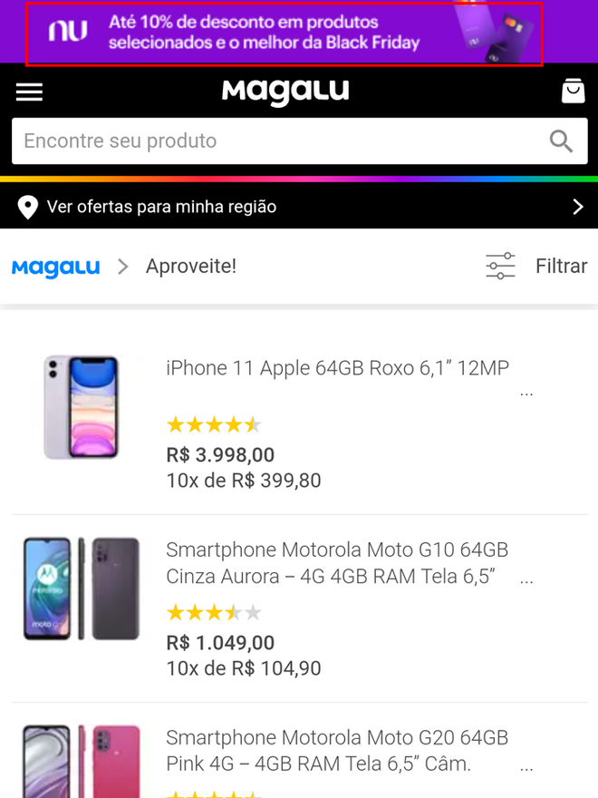 Faça compras no site e visualize o banner do Nubank (Imagem: André Magalhães/Captura de tela)