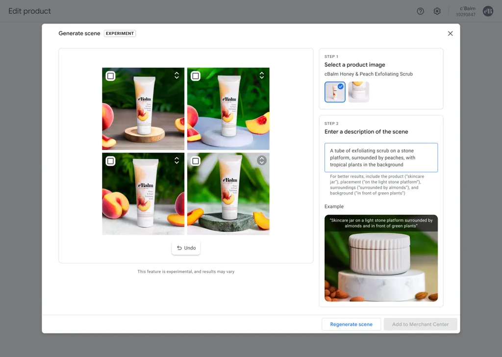O Product Studio transforma uma imagem simples em várias com fundos, superficíes e elementos diferentes (Imagem: Reprodução/Google)