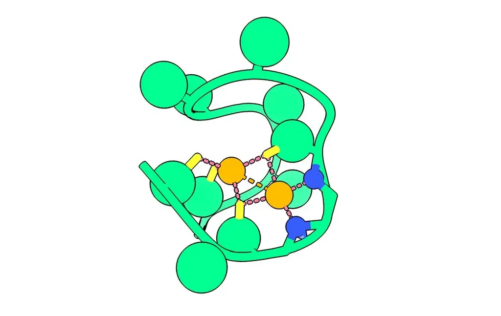 Peptídeo Nickelback; os átomos de nitrogênio aparecem em azul, e os níquel, em laranja  (Imagem: Reprodução/The Nanda Laboratory)