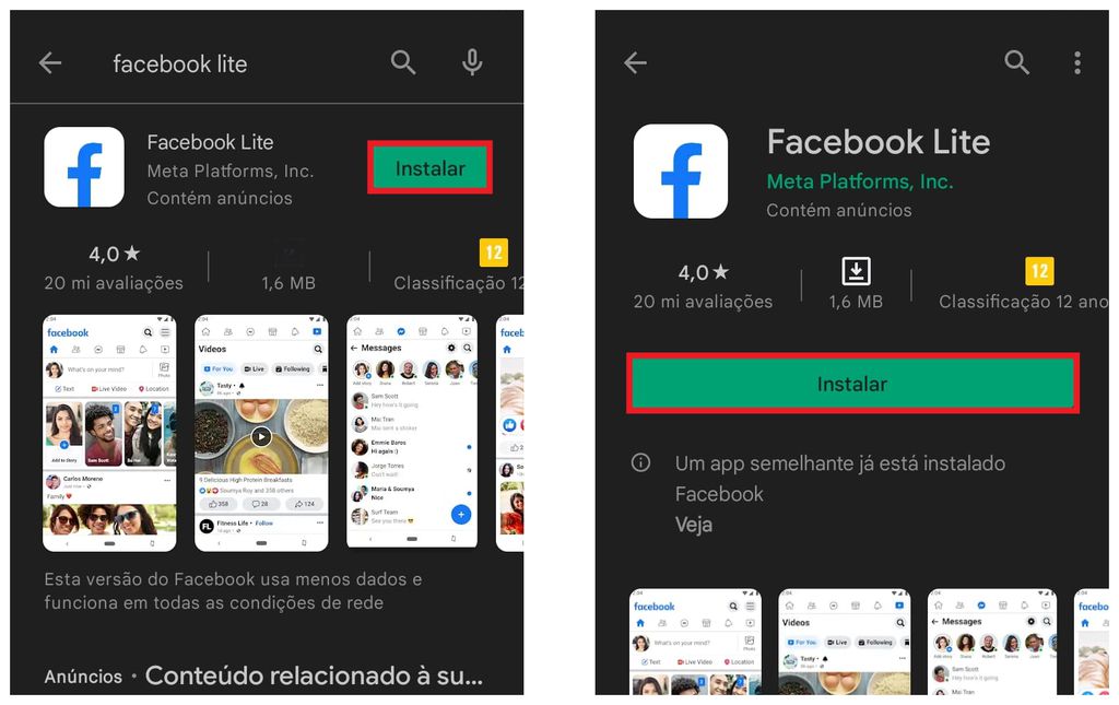 Como baixar o Facebook Lite: instale o aplicativo pela Play Store no Android (Captura de tela: Matheus Bigogno)